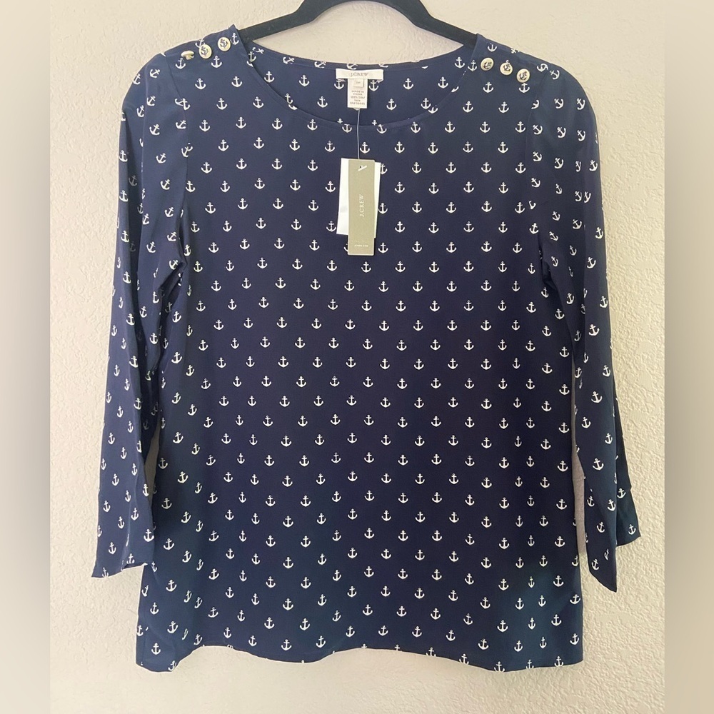 J Crew Women’s Sz 2P Blouse Blue Anchor 3/4 Sleeve Silk Button Shoulder coastal